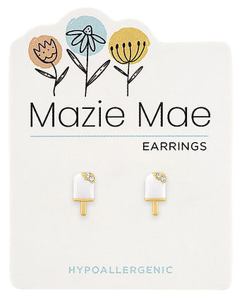 Gold popsicle stud earrings with white enamel and crystal accents on a Mazie Mae display card.