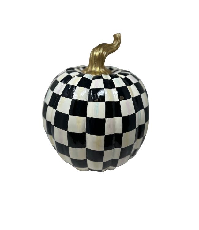 Courtly Check Large Pumpkin with black and white checkered pattern and a gold stem.