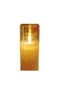 Amber glass LED pillar candle with a flame.