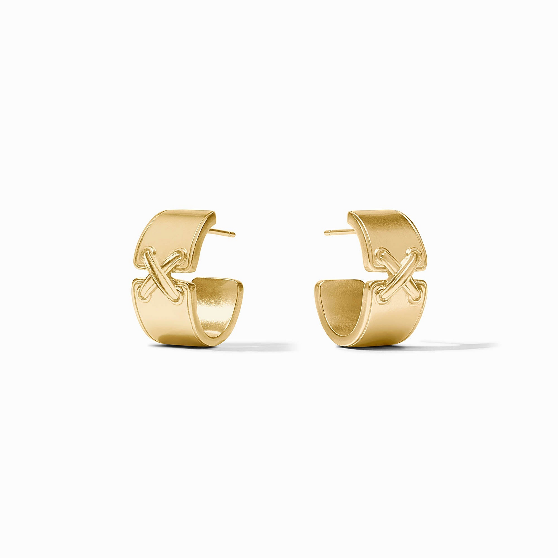 A pair of gold Essex Hoop earrings featuring a wide band with a raised cross-stitch design.