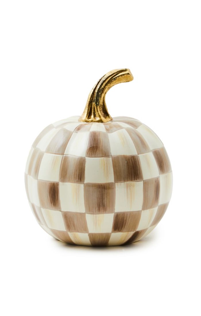 Mocha Check Mini Pumpkin with a hand-painted brown and white checkered pattern and gold stem.