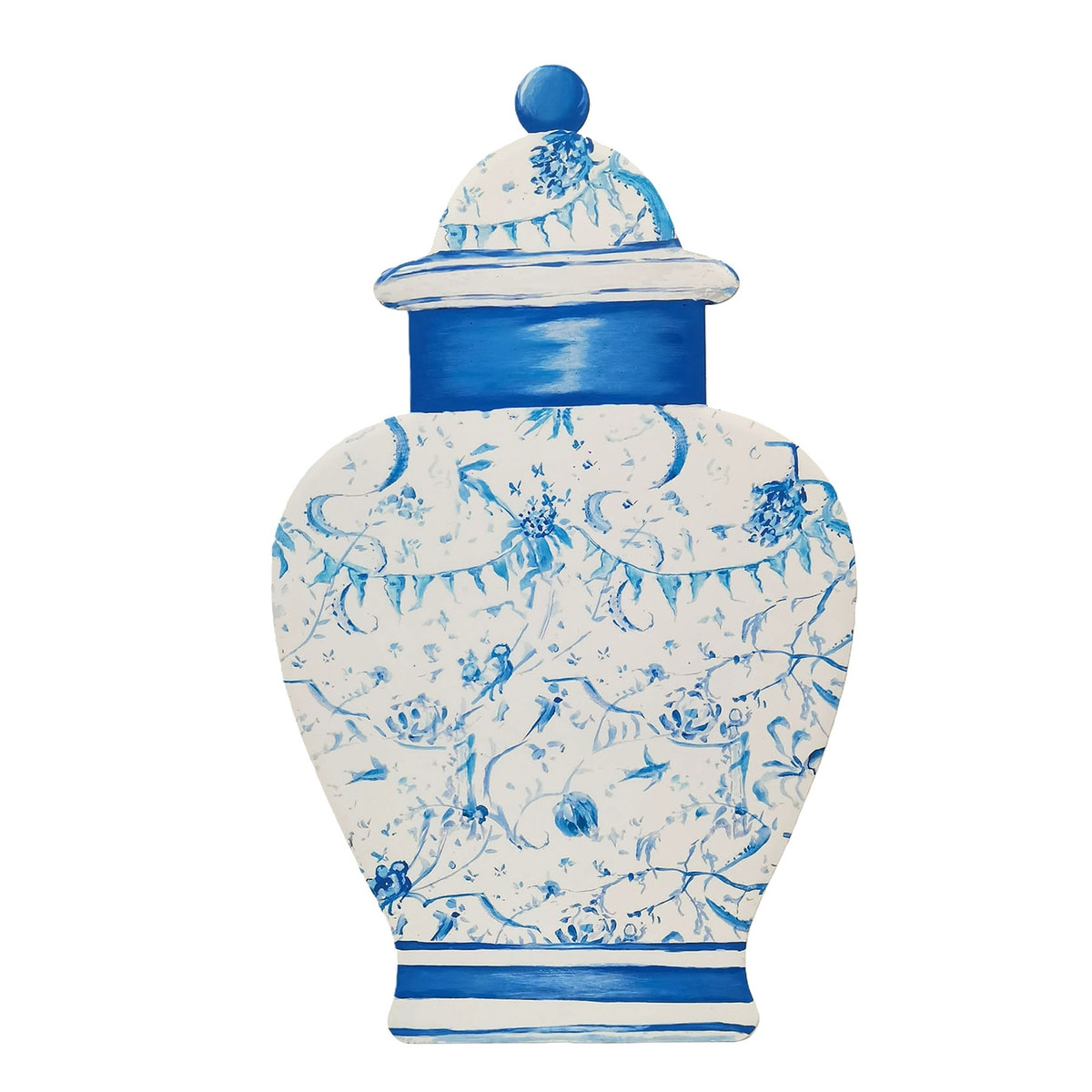 Hand-painted blue and white chinoiserie ginger jar with floral and bird motifs.