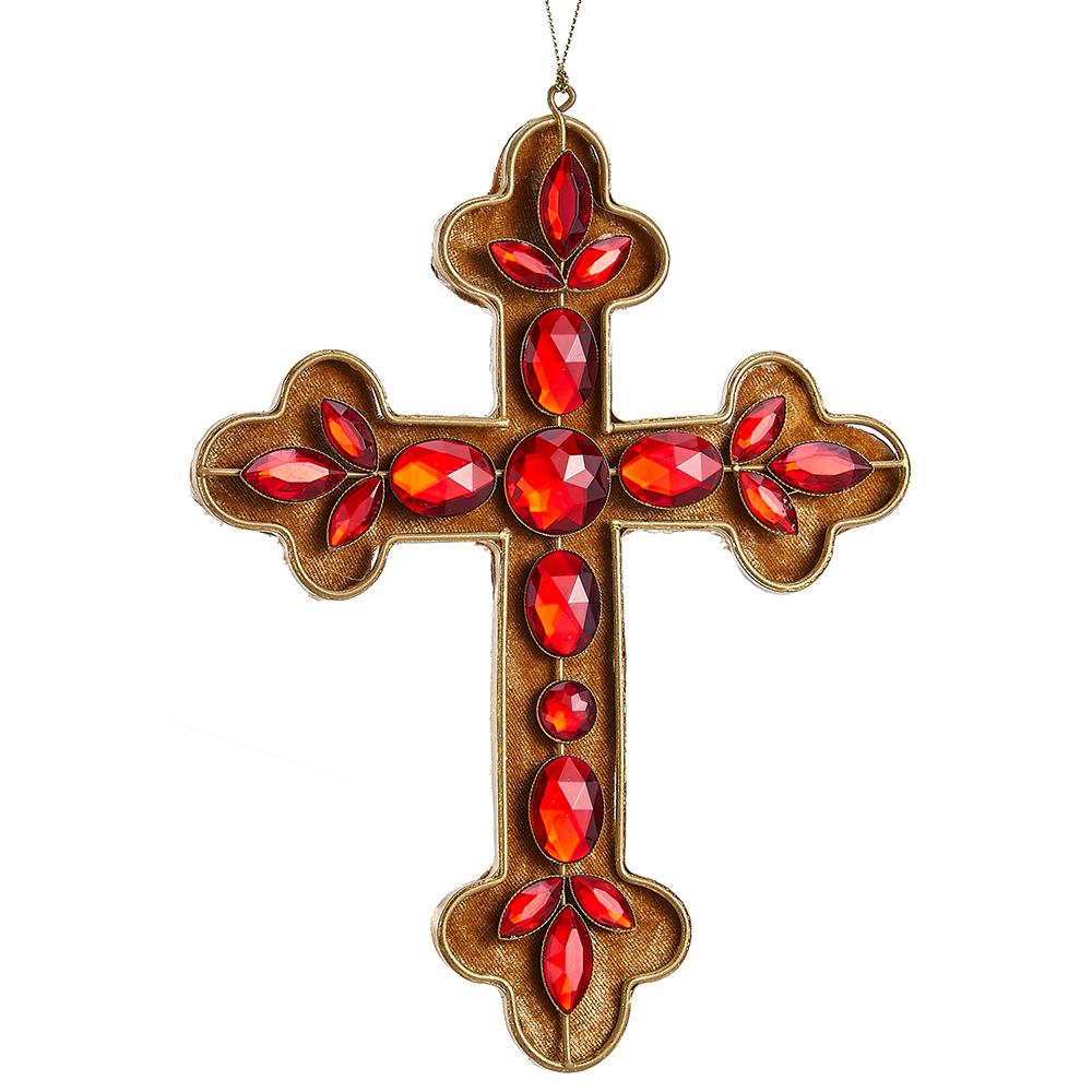 8.75-inch gold metal cross ornament with red rhinestones and fabric backing.