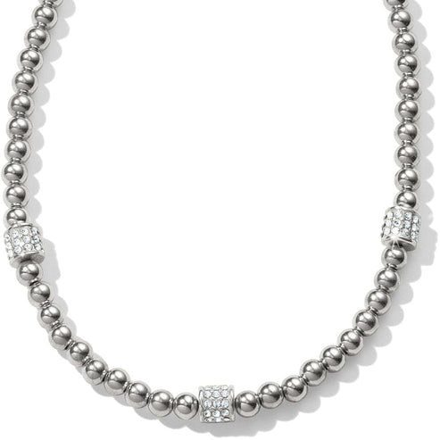 Silver-plated Meridian Petite Beads Station Necklace with three crystal-encrusted cylindrical beads.