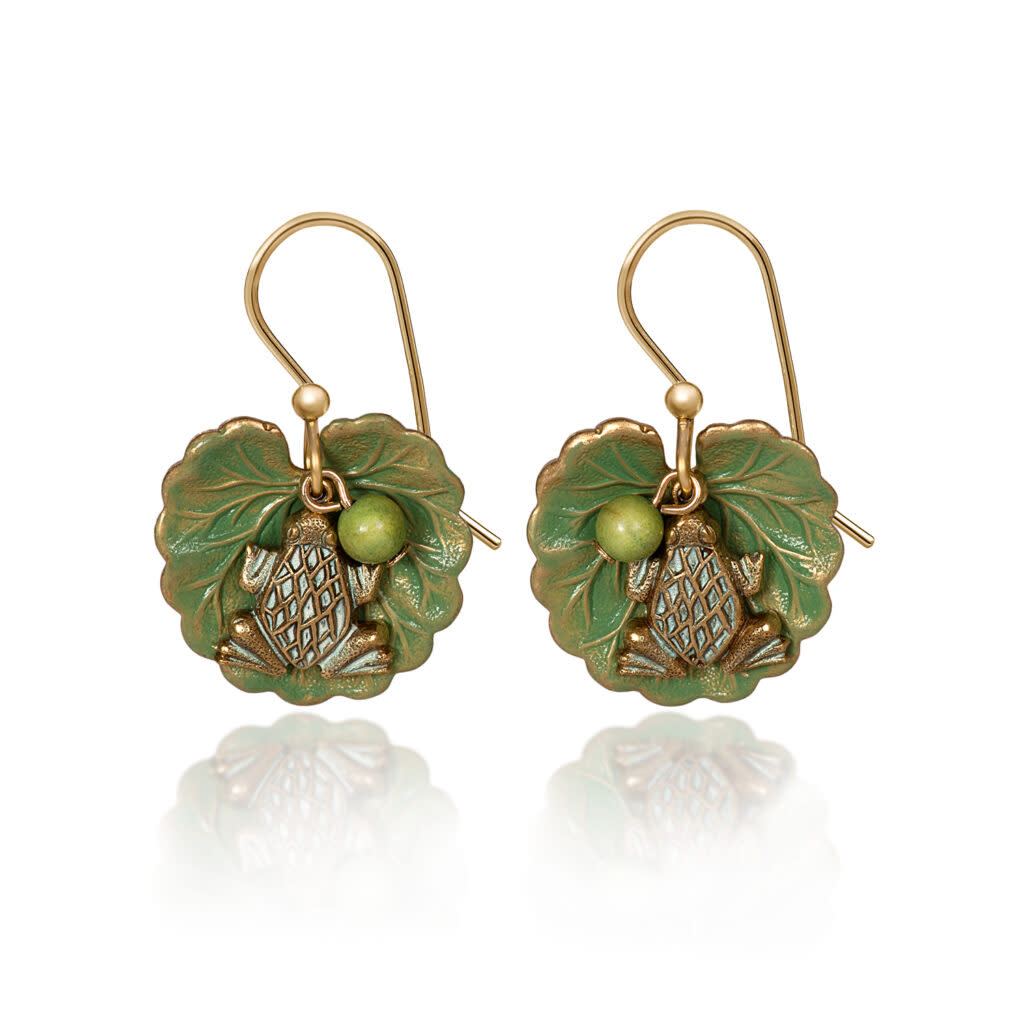 Frog on leaf drop earrings with a green bead, featuring gold-plated surgical steel fish-hooks.