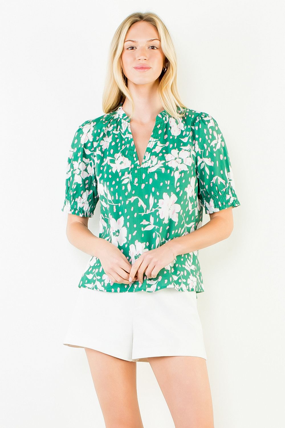 Hannah Floral Print With Ruffled Neck And Sleeve Top