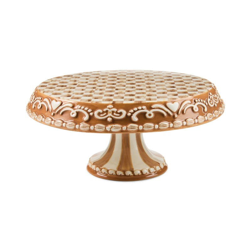 Mocha Check Gingerbread Small Pedestal Platter with brown and white checkered top and ornate base.