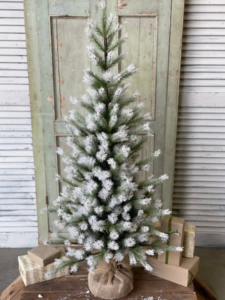 4-inch frosted pine tree with ombre needles and a burlap base, set against a rustic wooden door.