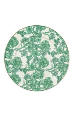 Round floral enamel serving platter with bronzed stainless steel rim on heavy-gauge steel base