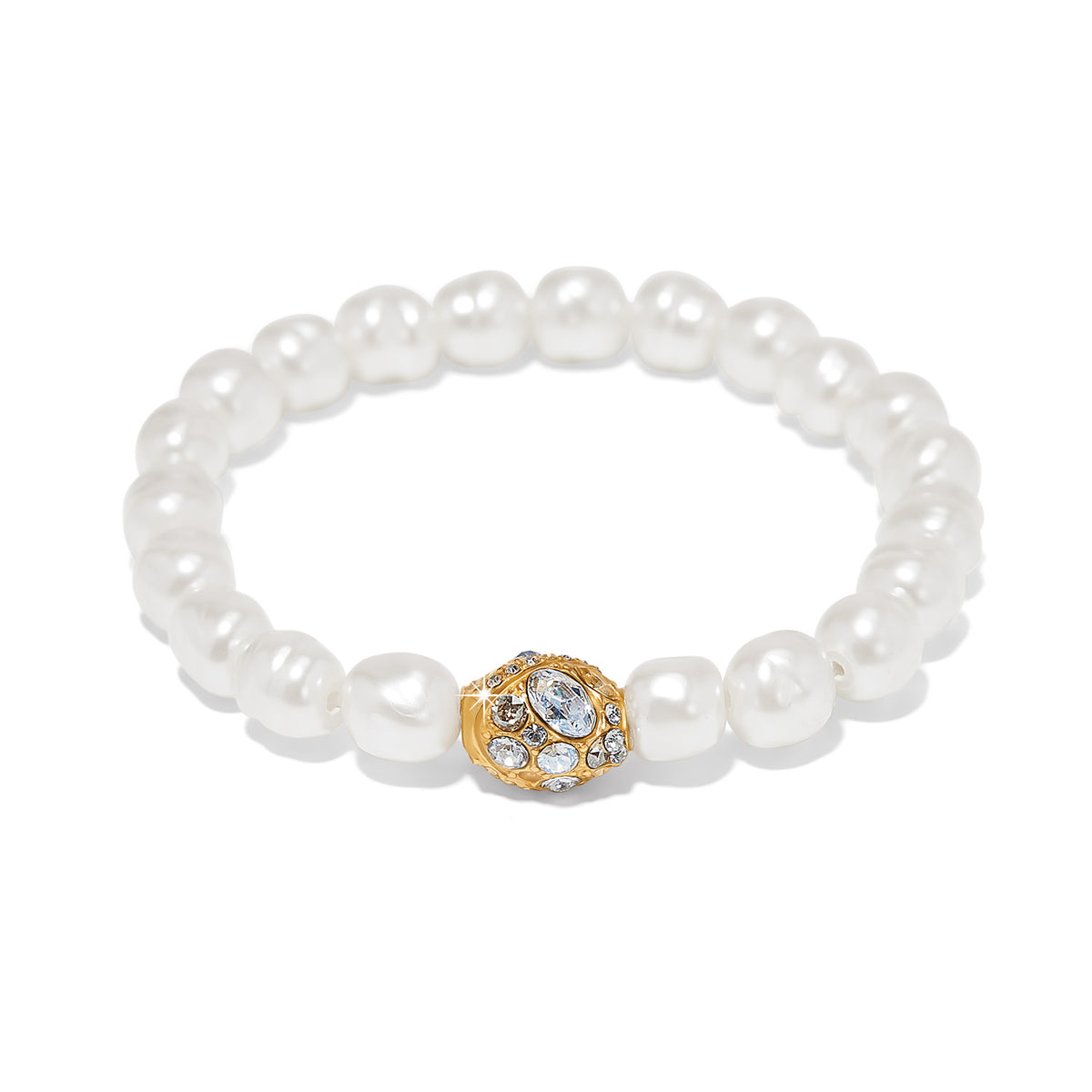 Silver-plated stretch bracelet featuring baroque pearls and fine quality crystals with a pearl closure.