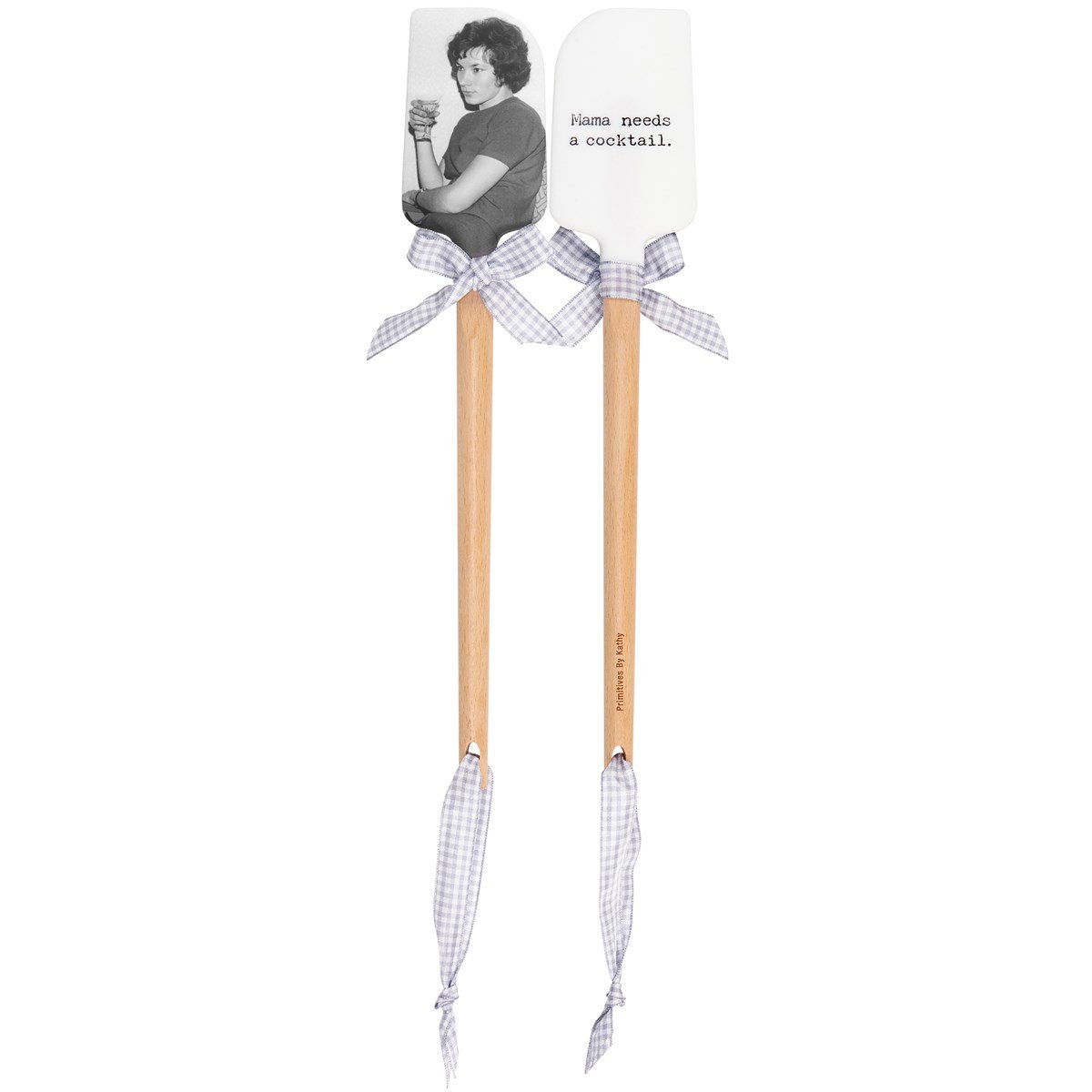 Silicone spatula with wooden handle labeled Mama Needs A Cocktail