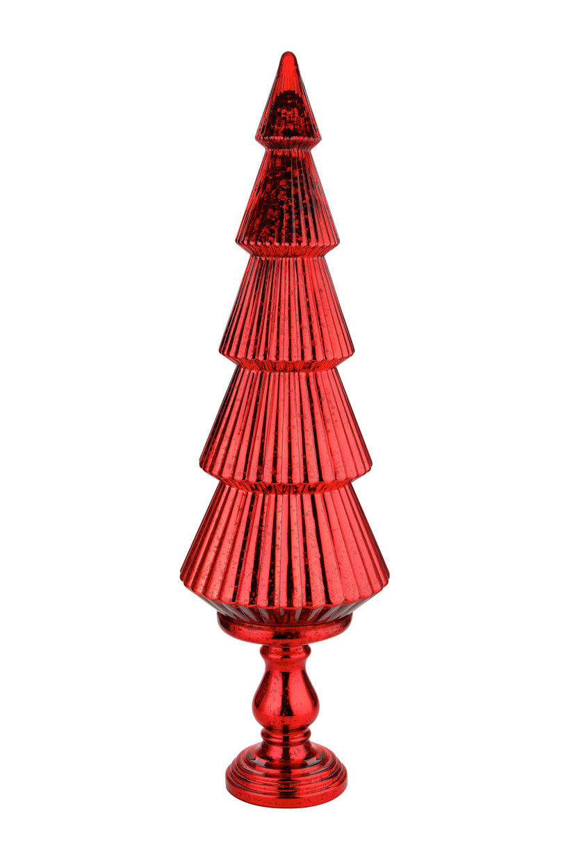 Red mercury glass Christmas tree with a ribbed texture on a matching pedestal base.