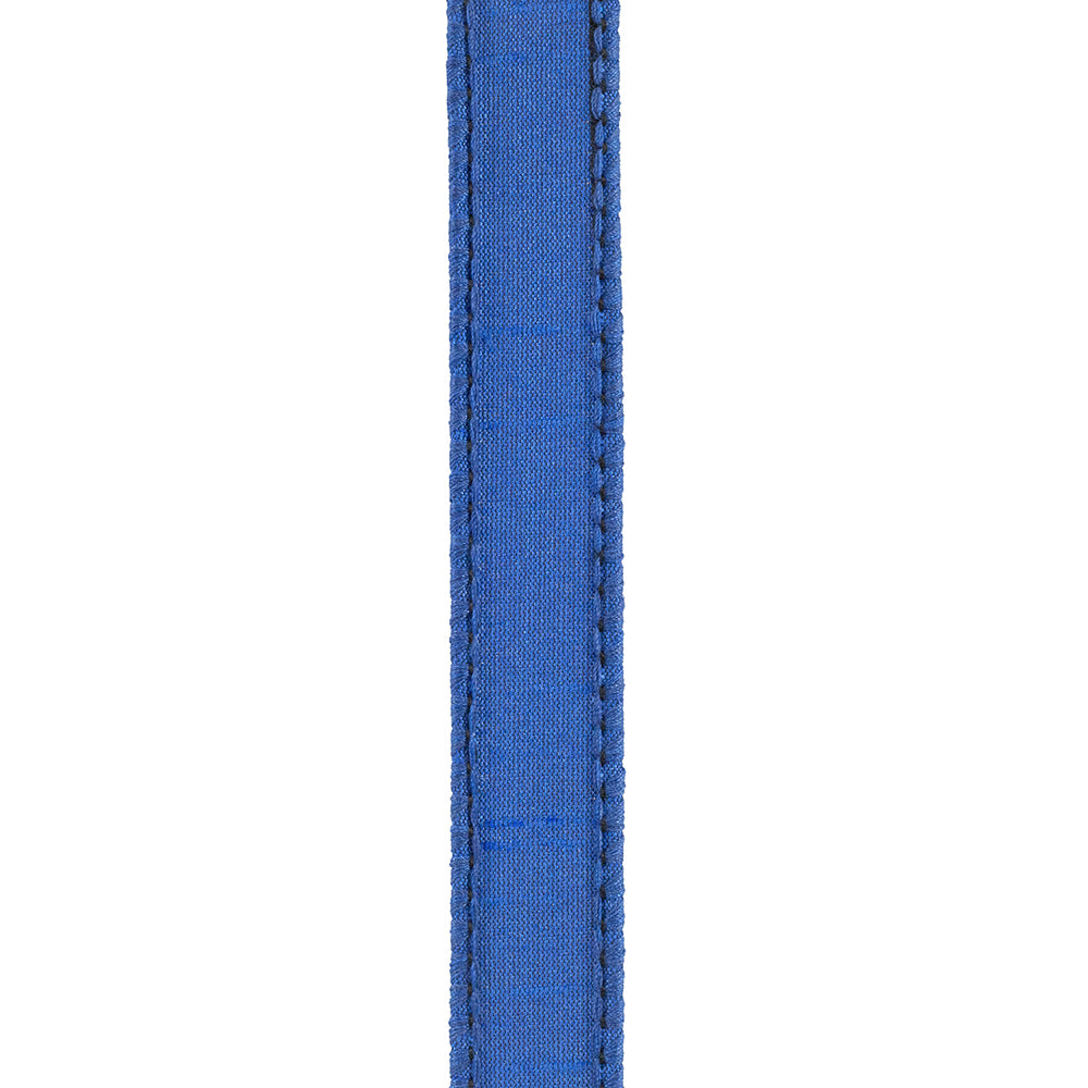 7/8 inch royal blue Dupioni Supreme wired edge ribbon with visible texture and stitching.
