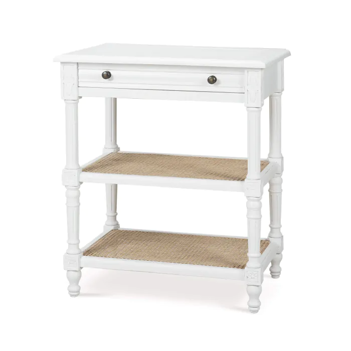 Melissa side table in architectural white with natural rattan shelves