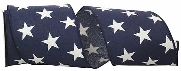 Navy blue cotton ribbon with a wired edge featuring a star pattern