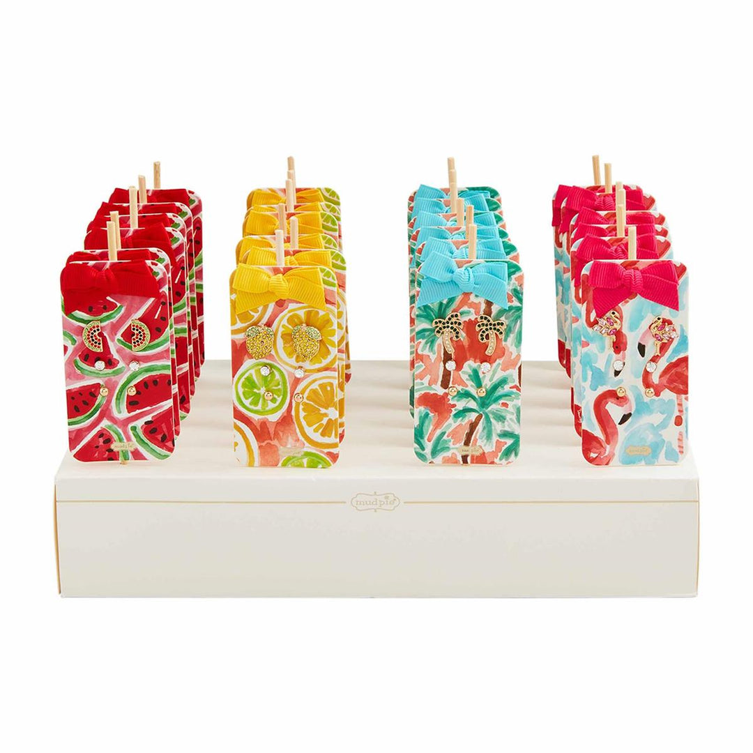 Display of Summer Icon Earrings featuring watermelon, citrus, palm tree, and flamingo designs.