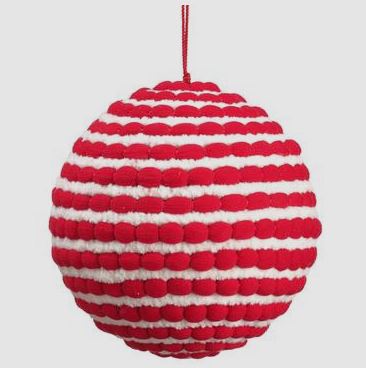 5-inch red and white striped pompon yarn ball Christmas ornament with a red hanging string.