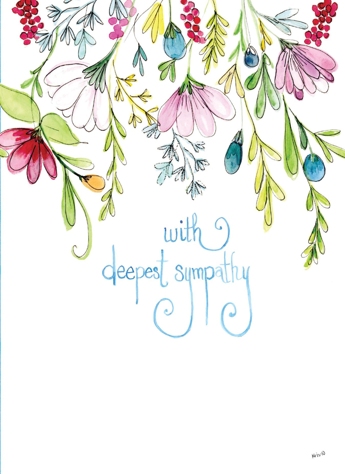 Watercolor floral greeting card with 'with deepest sympathy' text in blue script.