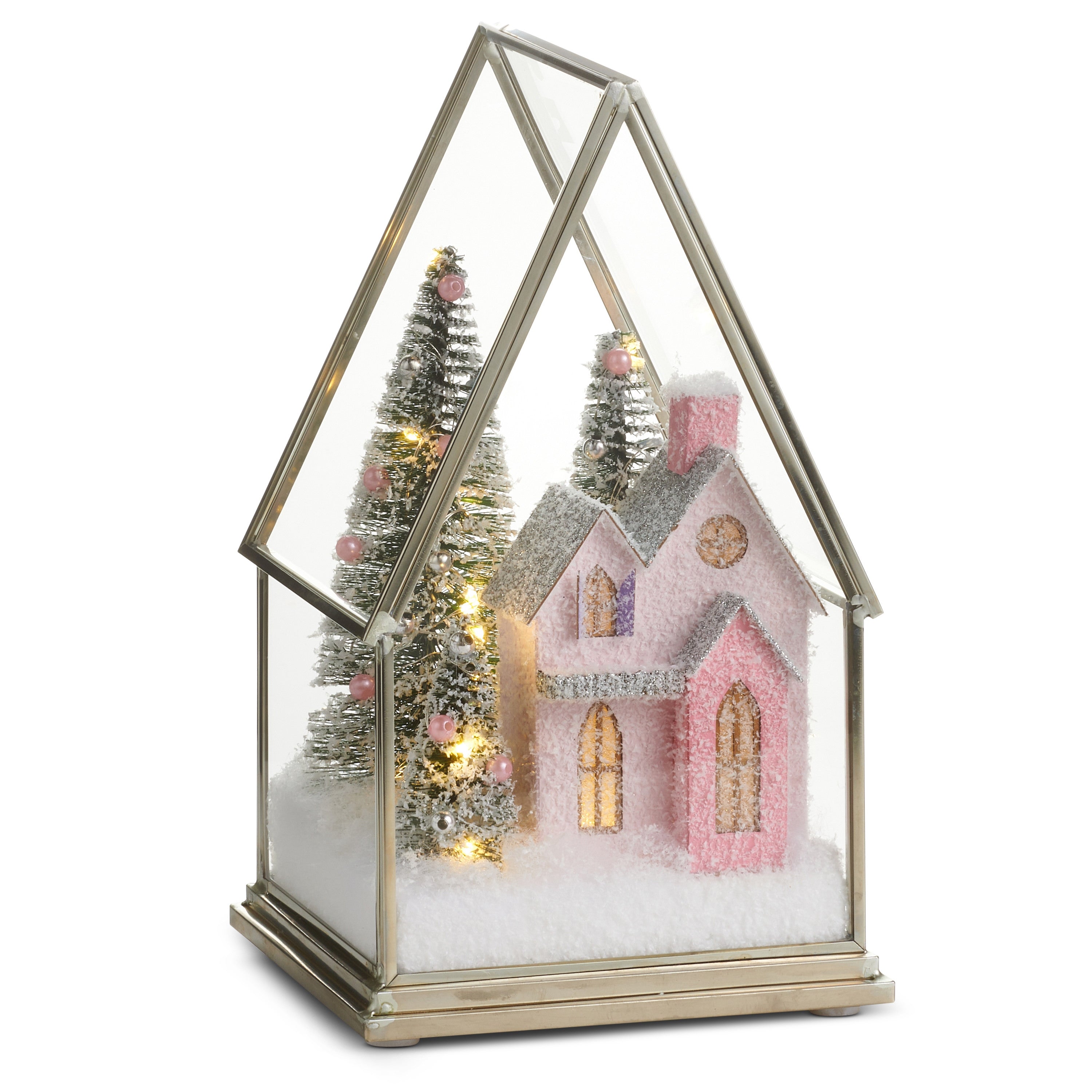 8.5-inch lighted pink house terrarium with two frosted trees and faux snow in a glass house frame.