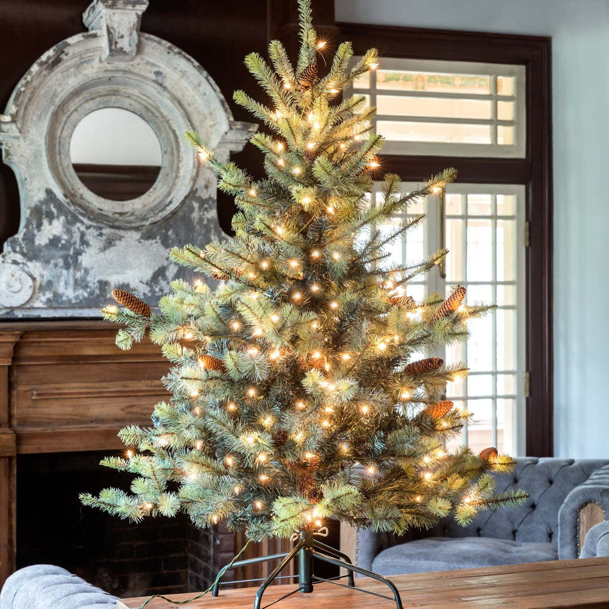 4.5-foot artificial Blue Spruce Christmas tree with clear LED lights