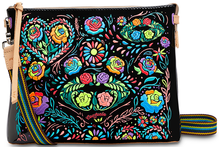 Rita Downtown Crossbody bag in black patent leather with colorful floral embroidery and woven strap