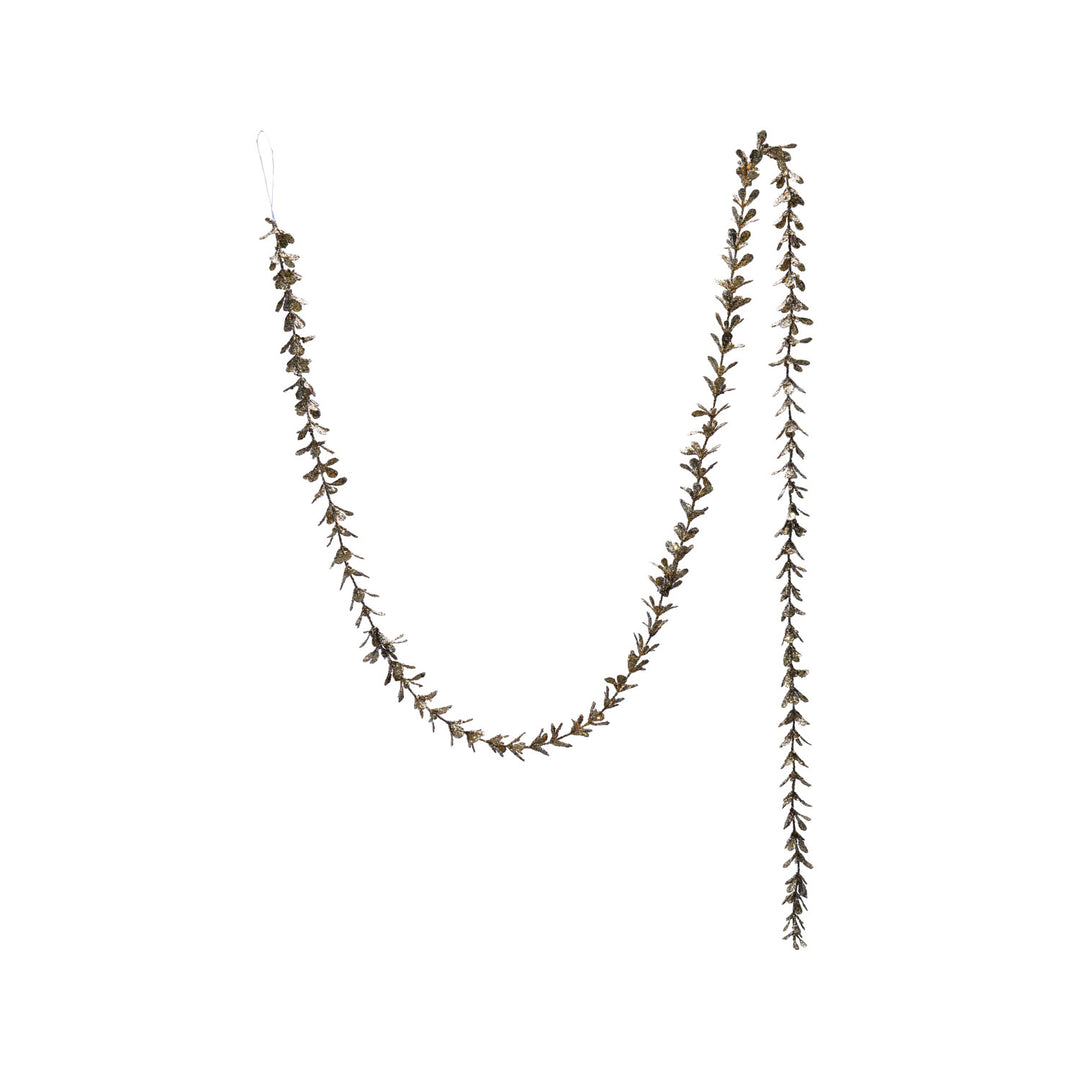 72-inch faux boxwood garland with a champagne glitter finish on a white background.