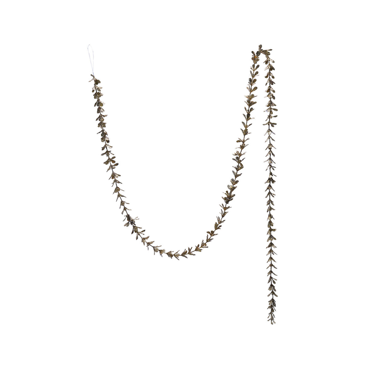 72-inch faux boxwood garland with a champagne glitter finish on a white background.