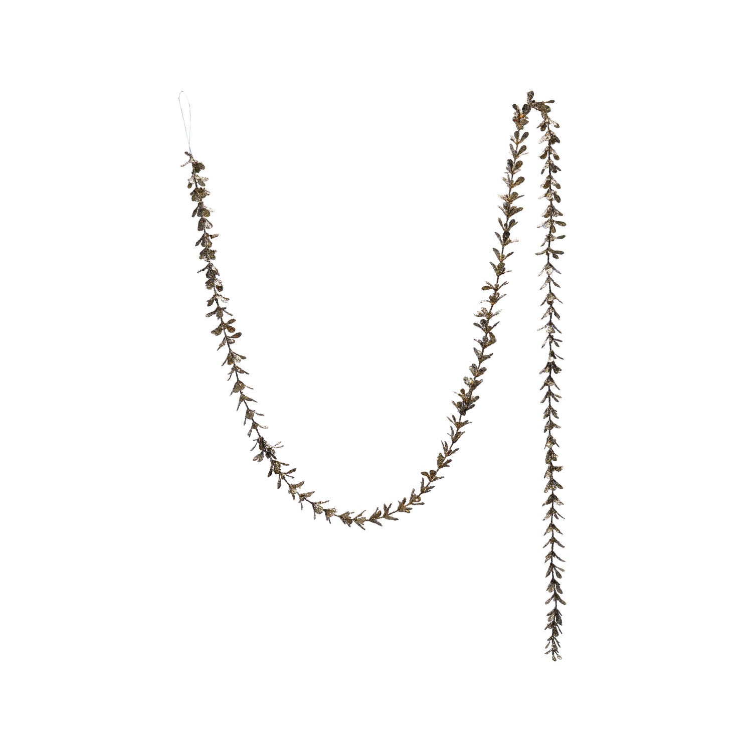 72-inch faux boxwood garland with a champagne glitter finish on a white background.