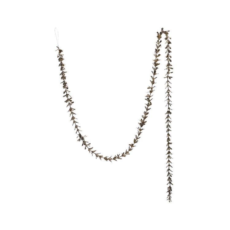 72-inch faux boxwood garland with a champagne glitter finish on a white background.
