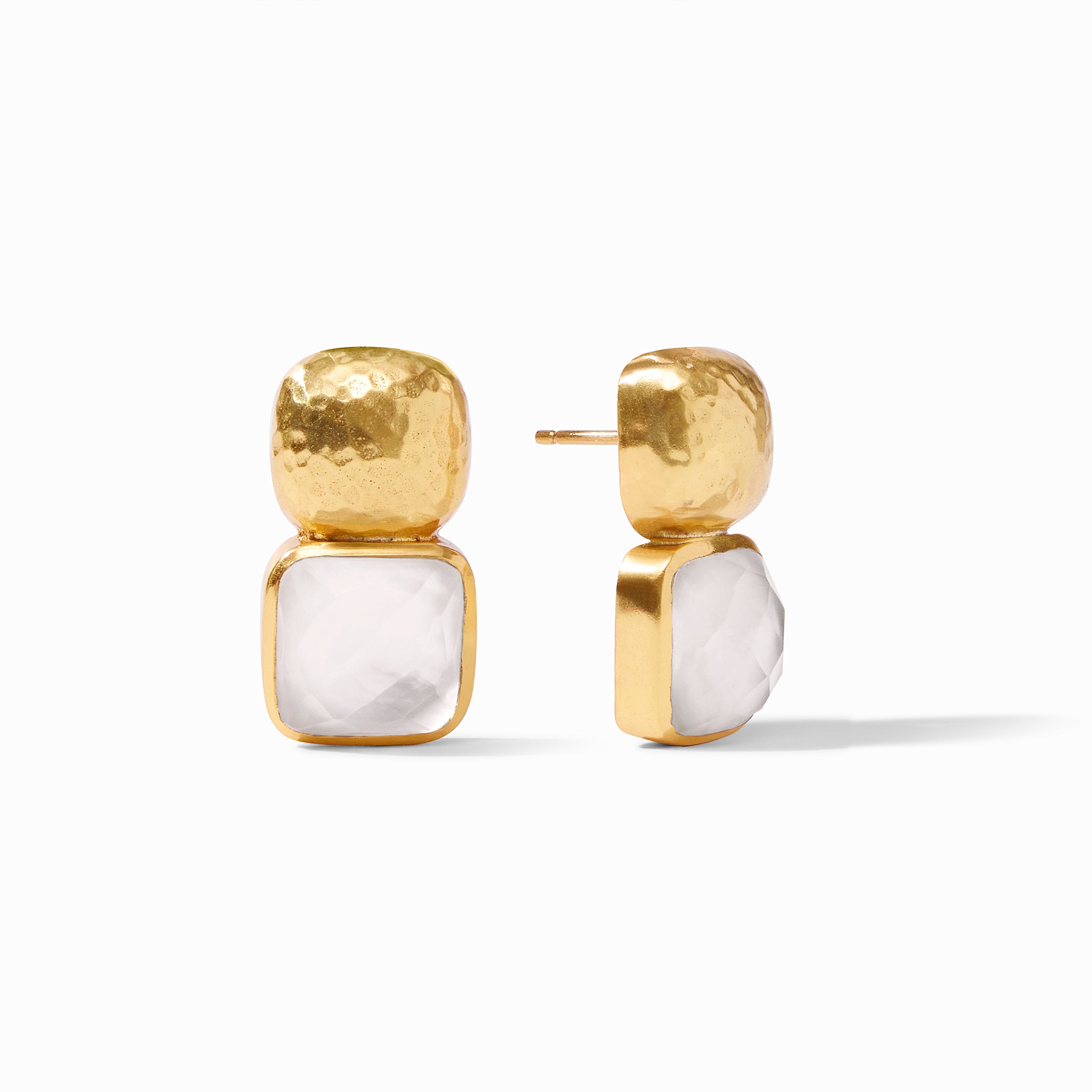 Catalina Earring featuring a hammered 24K gold plate stud and a square white mother-of-pearl drop.