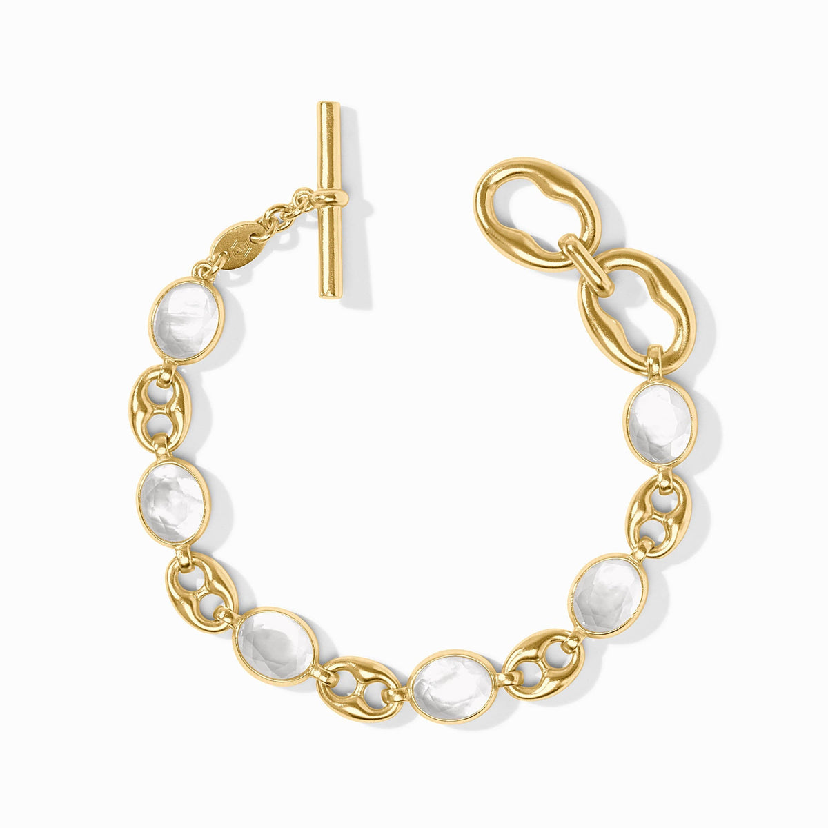 Adjustable Laguna stone bracelet with gold plating on a neutral background.