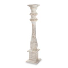 Beaded wood candlestick with a natural finish featuring intricate beadwork patterns on its tapered silhouette.