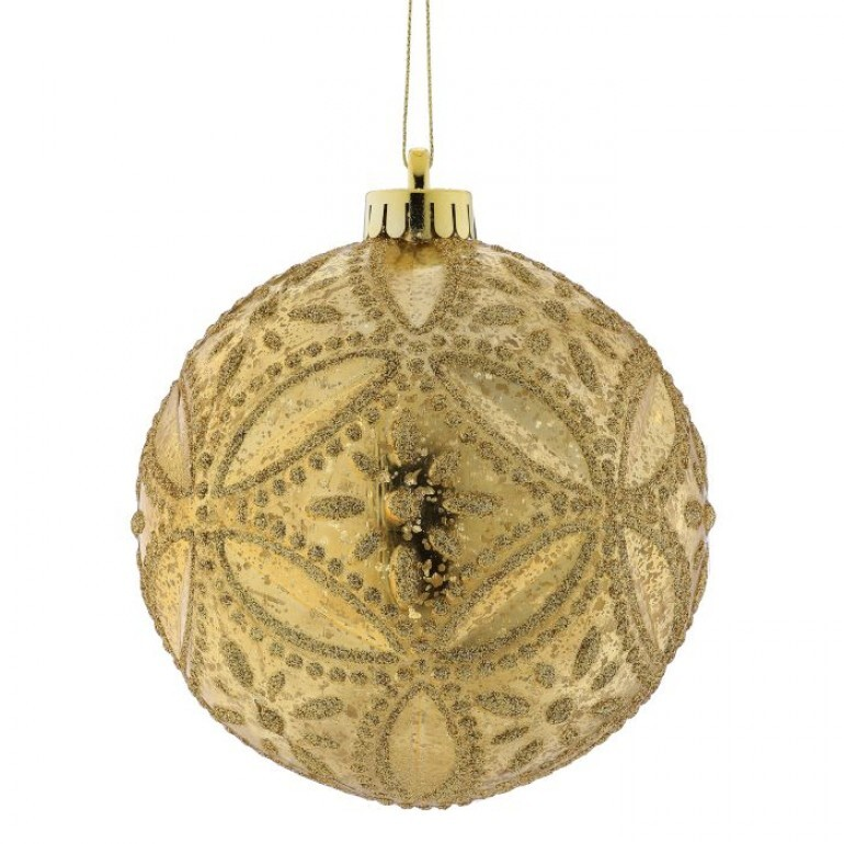 130mm gold mercury glass floret ornament with glitter floral patterns and a gold hanging cap.