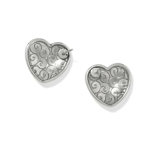 Trianon Heart Small Silver Post Earrings with a hammered swirl design and silver-plated finish.