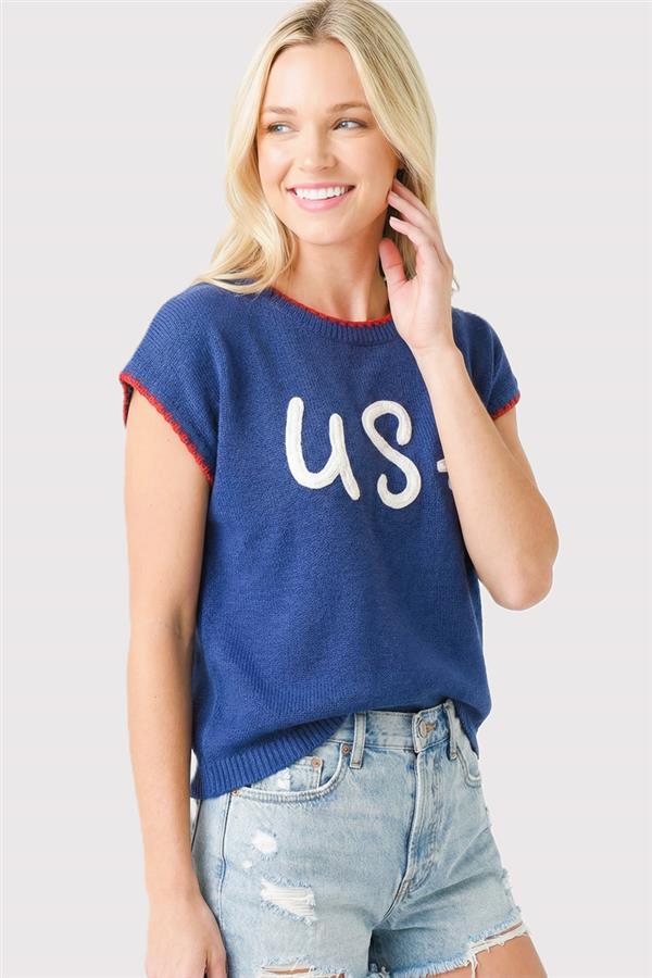 Amara USA Embroidery Short Sleeve Sweater
