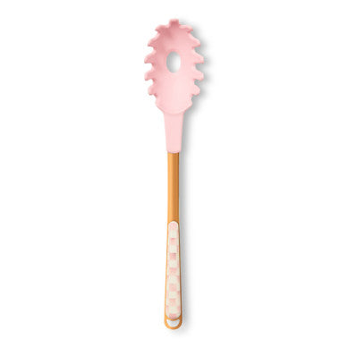 Rosy check pasta spoon with stainless steel handle and PBT head.