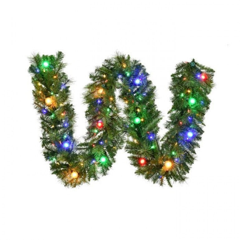 9-foot Belgium pine garland with 100 multi-colored LED twinkle lights and G40 bulbs.