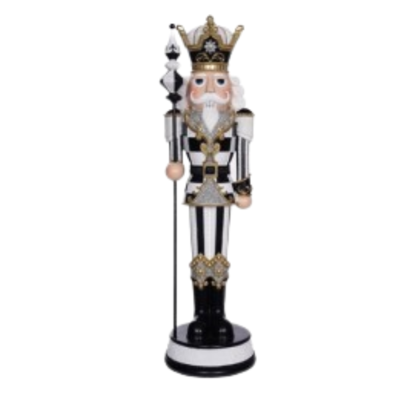 19-inch black and white resin royal nutcracker with gold accents holding a staff.