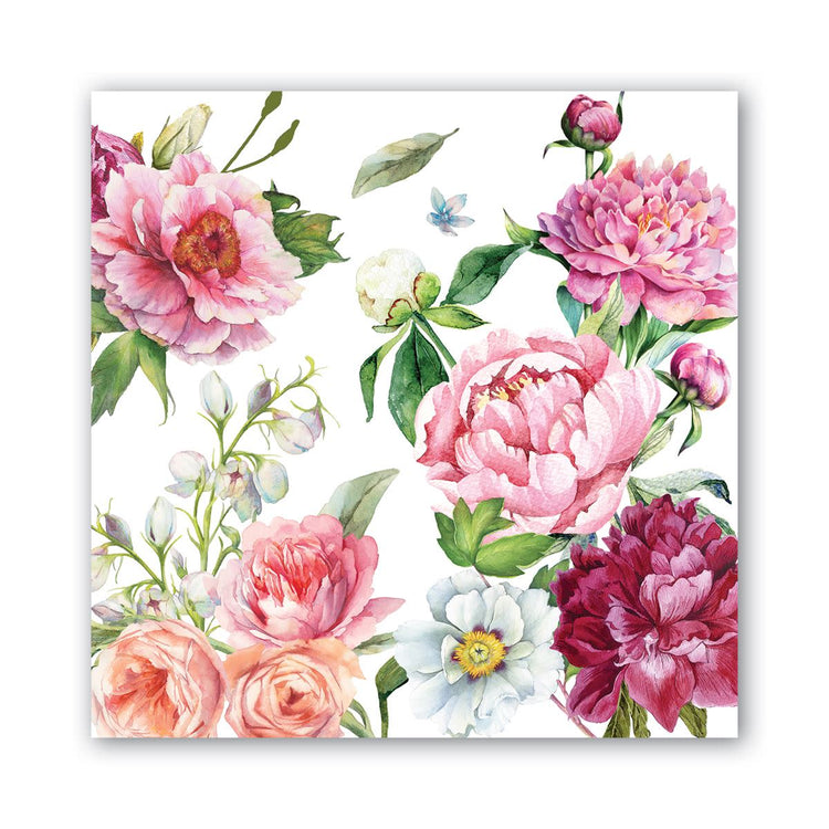 Luncheon napkin featuring a watercolor floral design with pink, peach, and burgundy peonies.