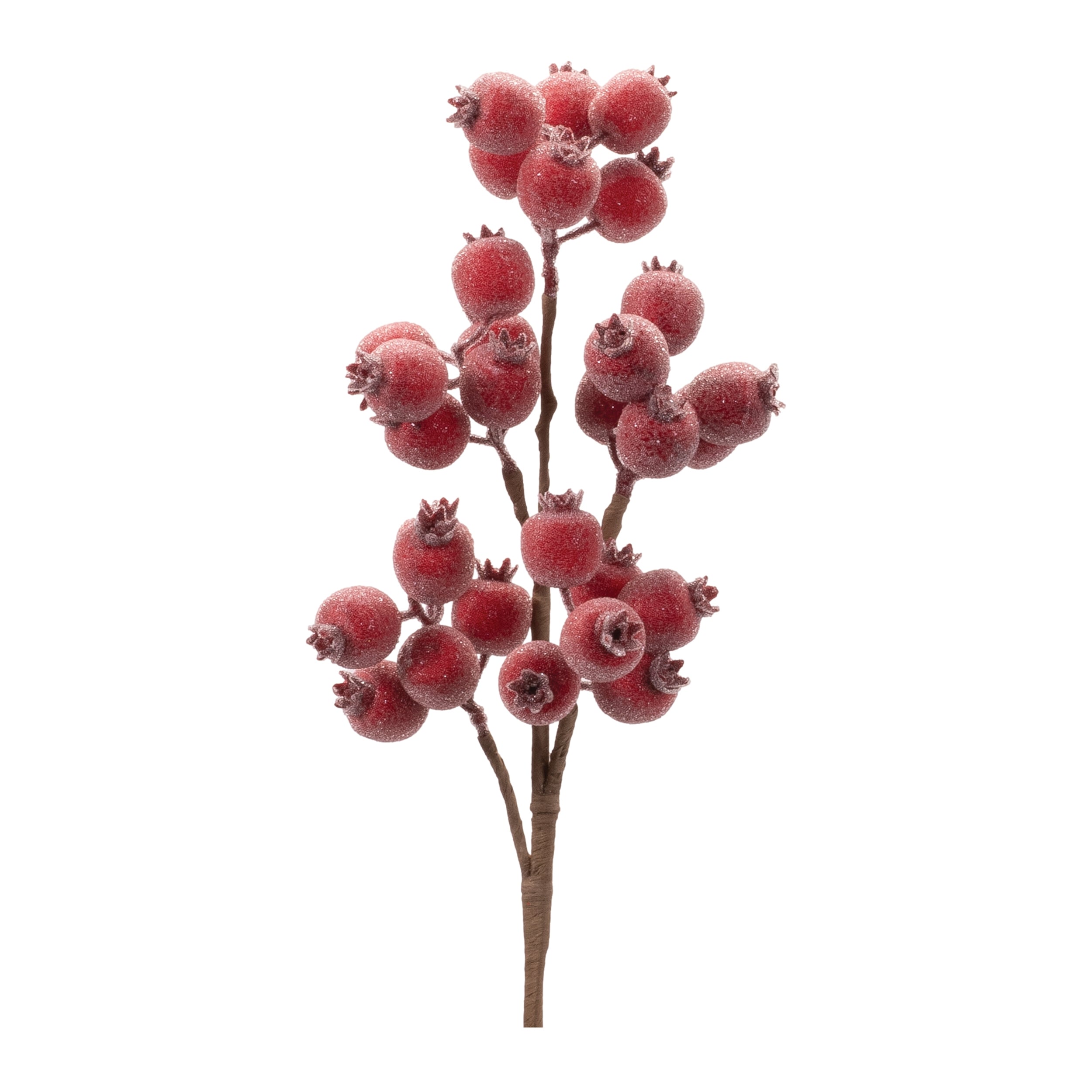 21-inch red frosted berry spray made of styrofoam on a brown stem.
