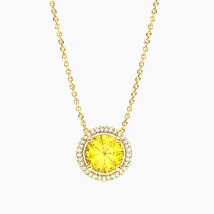 Gold-plated birthstone pendant necklace with a round yellow center stone and diamond halo.