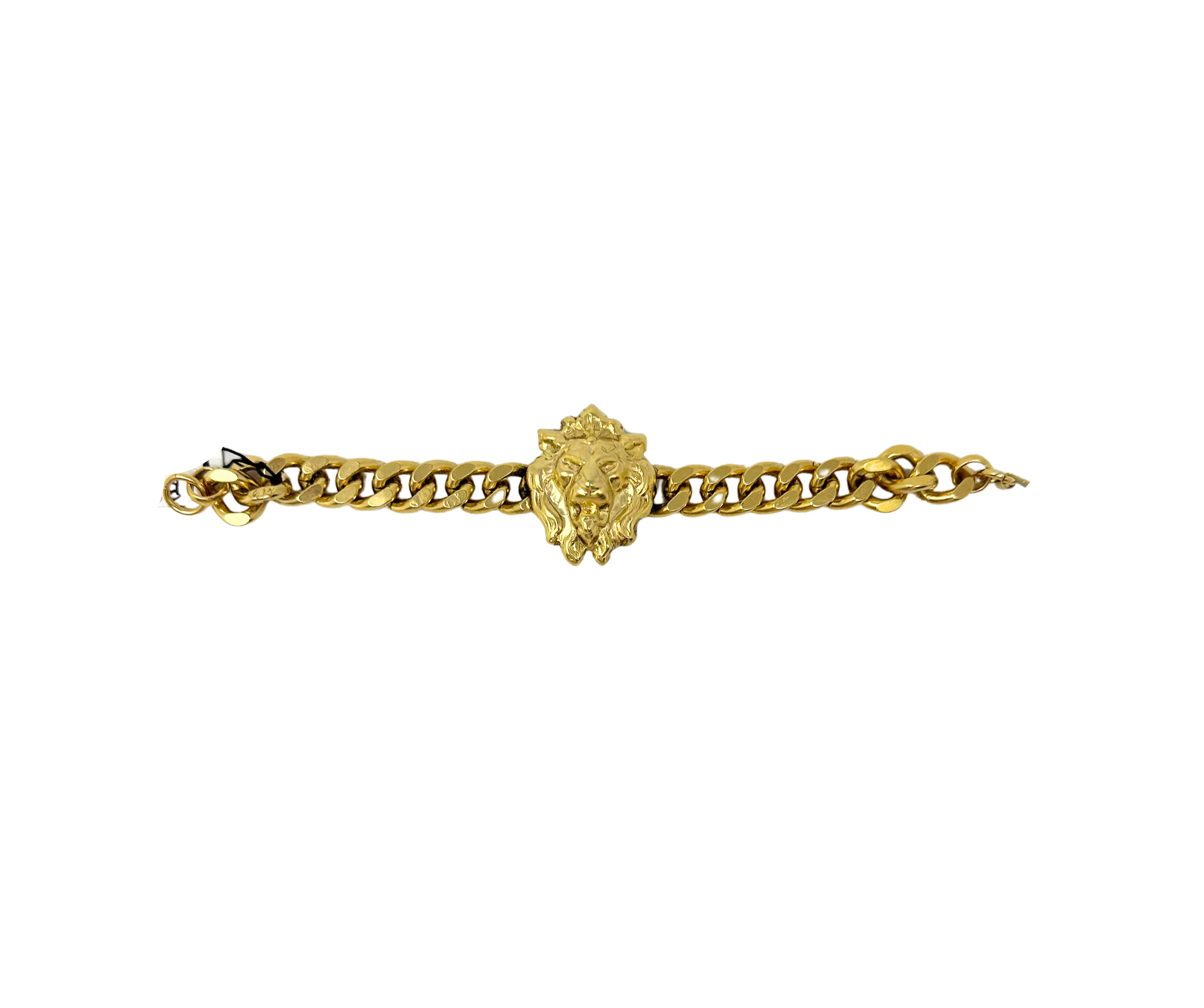 Gold link bracelet featuring a central lion head charm.