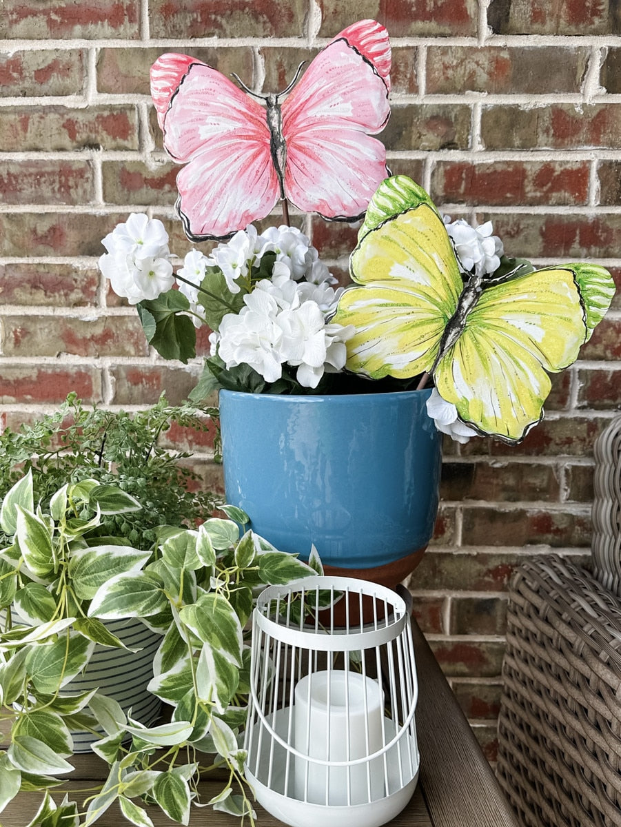 Beck's Butterflies medium stake decoration featuring a colorful butterfly pattern on white fabric.