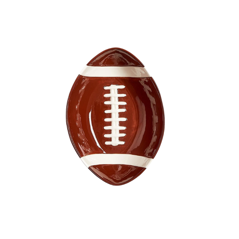 Football-shaped ceramic tidbit bowl in brown with white laces and stripes.