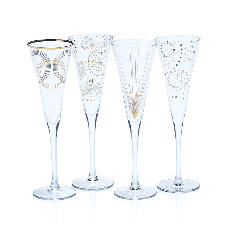 Clear glass champagne flute with a slender stem and flared bowl.