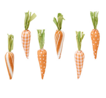 Set of six orange fabric stuffed carrot toys measuring five-eighths inch wide by four inches tall.