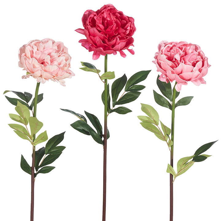 Artificial peony flower stem with foam core and polyester petals in soft pink tones.