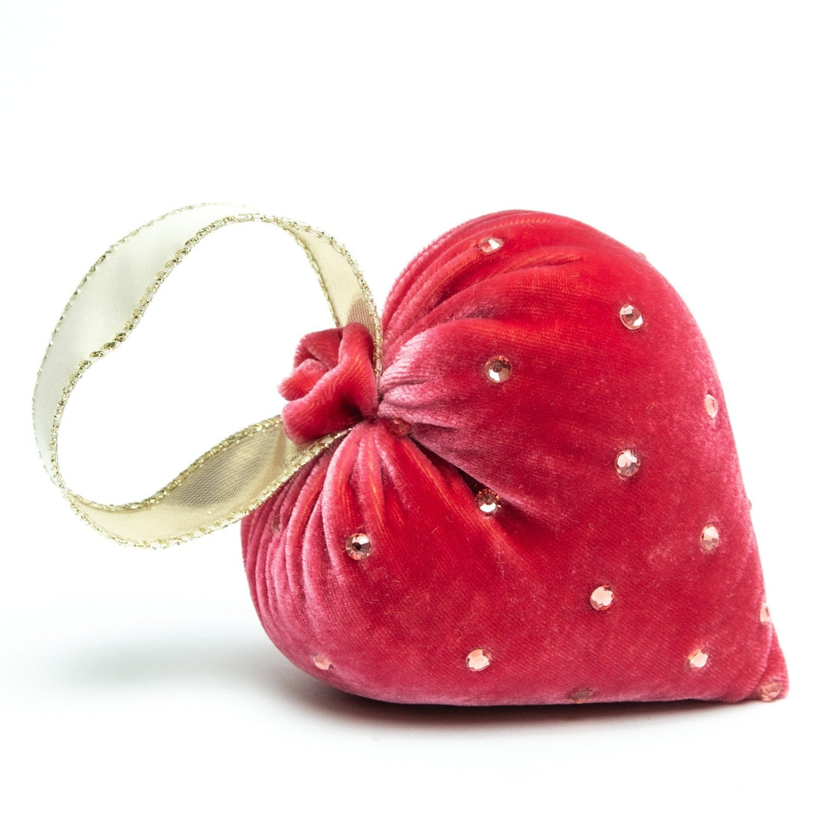 Small heart-shaped crystal silk velvet ornament with attached ribbon