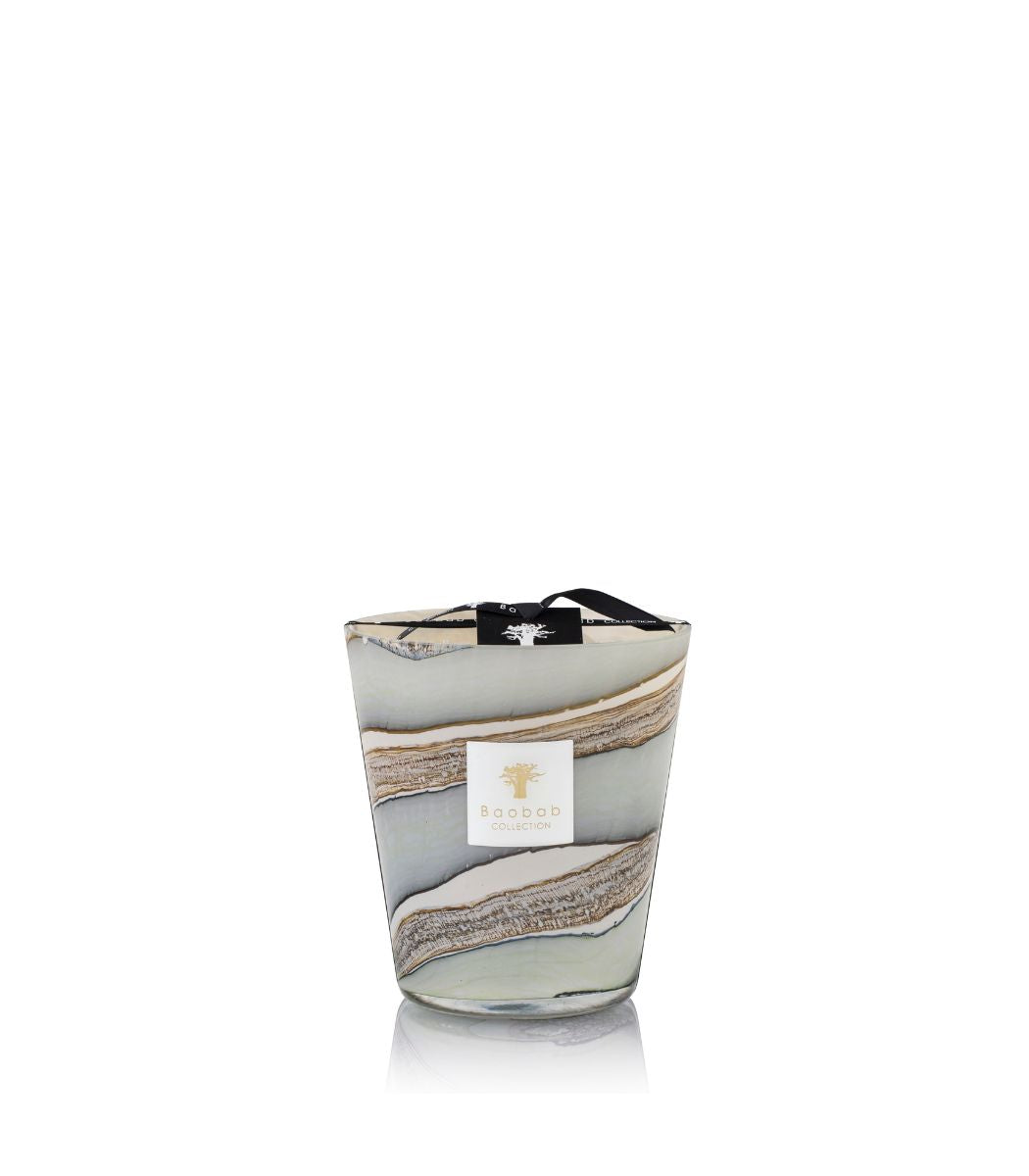 Baobab Collection Sand Sonora candle in a glass vessel with celadon green and blue-gray swirls.