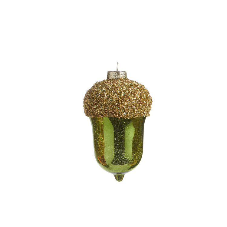 5-inch green glass acorn ornament with a textured gold beaded top and silver hanging loop.